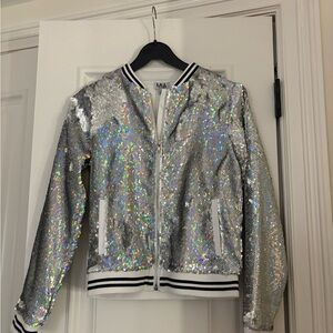 MIA Silver Holographic Sequin Bomber Jacket
